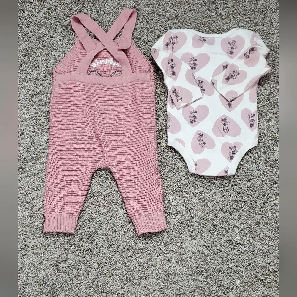 Disney Dusty Pink Knit Overalls & Matching Shirt & 3 Guess Pink Onesie's